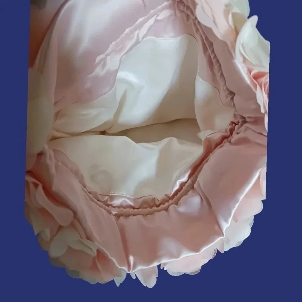 Aimer satin Dragstring Pouch Bag W/Stunning Floral Around The Top Blush Pink